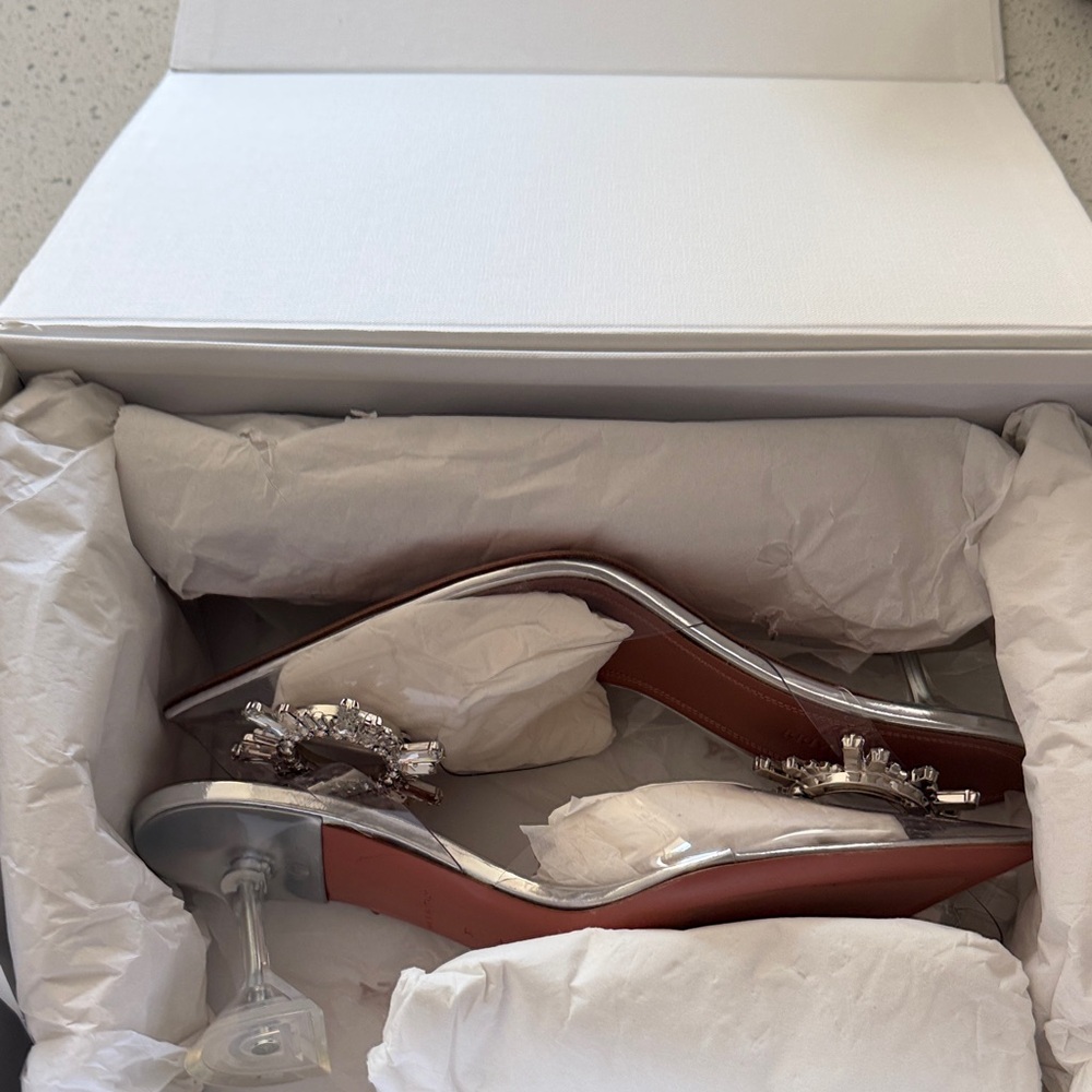 Amina Muaddi Brown Leather and Clear PVC Crystal-Embellished Flared-Heel Mules